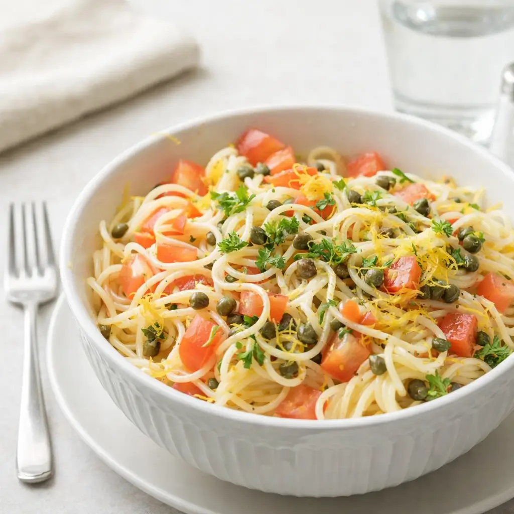 Lemon Capellini Salad in a rustic bowl with fresh lemons and olive oil
