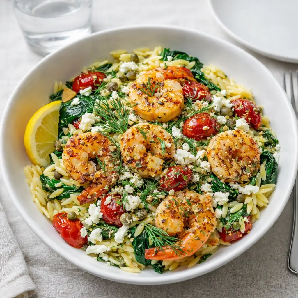 Lemon Feta Orzo Shrimp Mediterranean Bowl