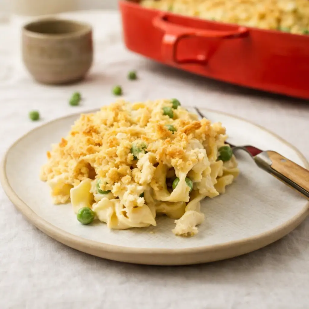 Old-Fashioned Tuna Noodle Casserole baked with Ritz cracker topping