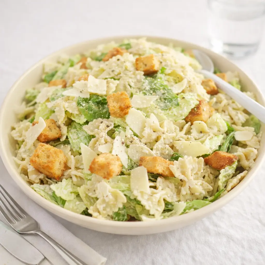 Pasta Caesar Salad creamy bowl with croutons and Parmesan