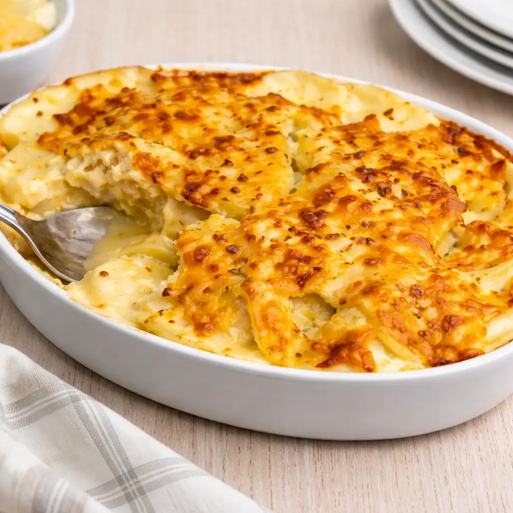 Potatoes Au Gratin With Gruyere baked golden in a rustic dish
