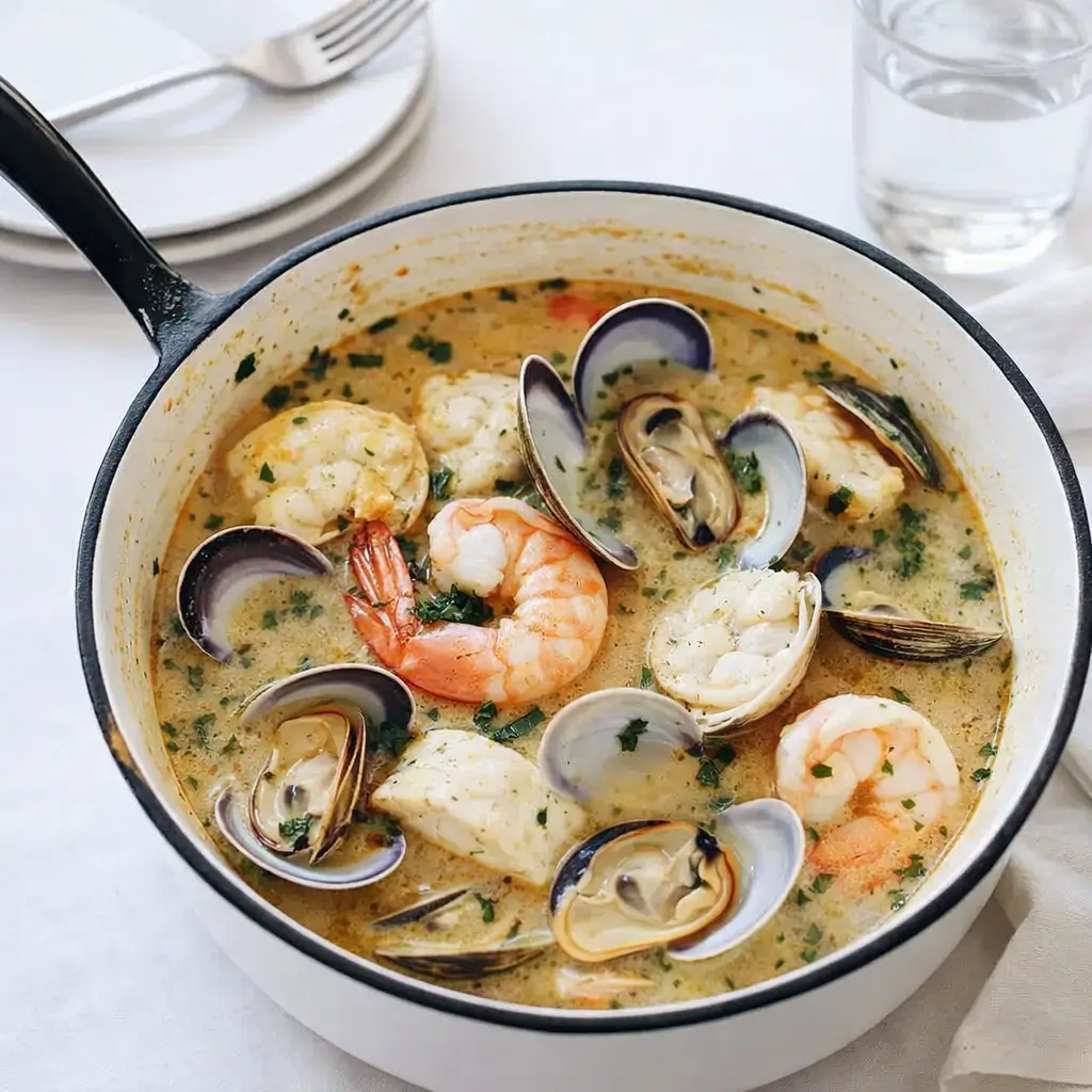 Rustic Seafood Soup in a cozy farmhouse kitchen
