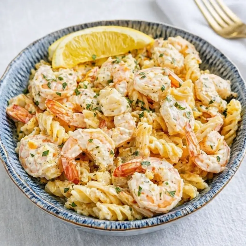 Seafood Pasta Salad in glass bowl with shrimp and crab