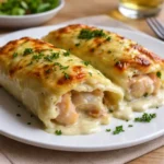 Shrimp Crab Alfredo Roll Ups creamy seafood pasta bake