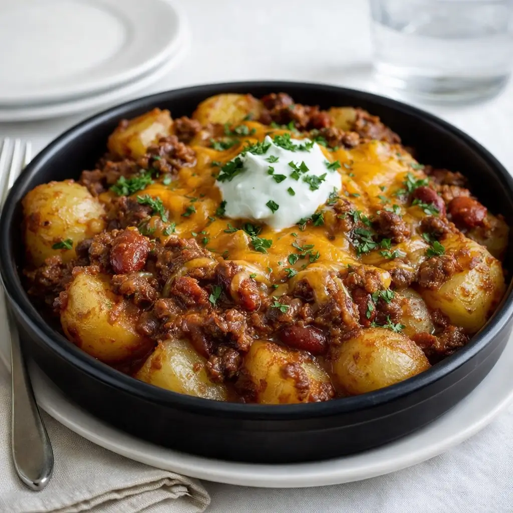 Slow Cooker Cowboy Casserole in rustic setting