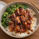 Sticky Chicken Bowls with honey soy glaze and spicy mayo drizzle