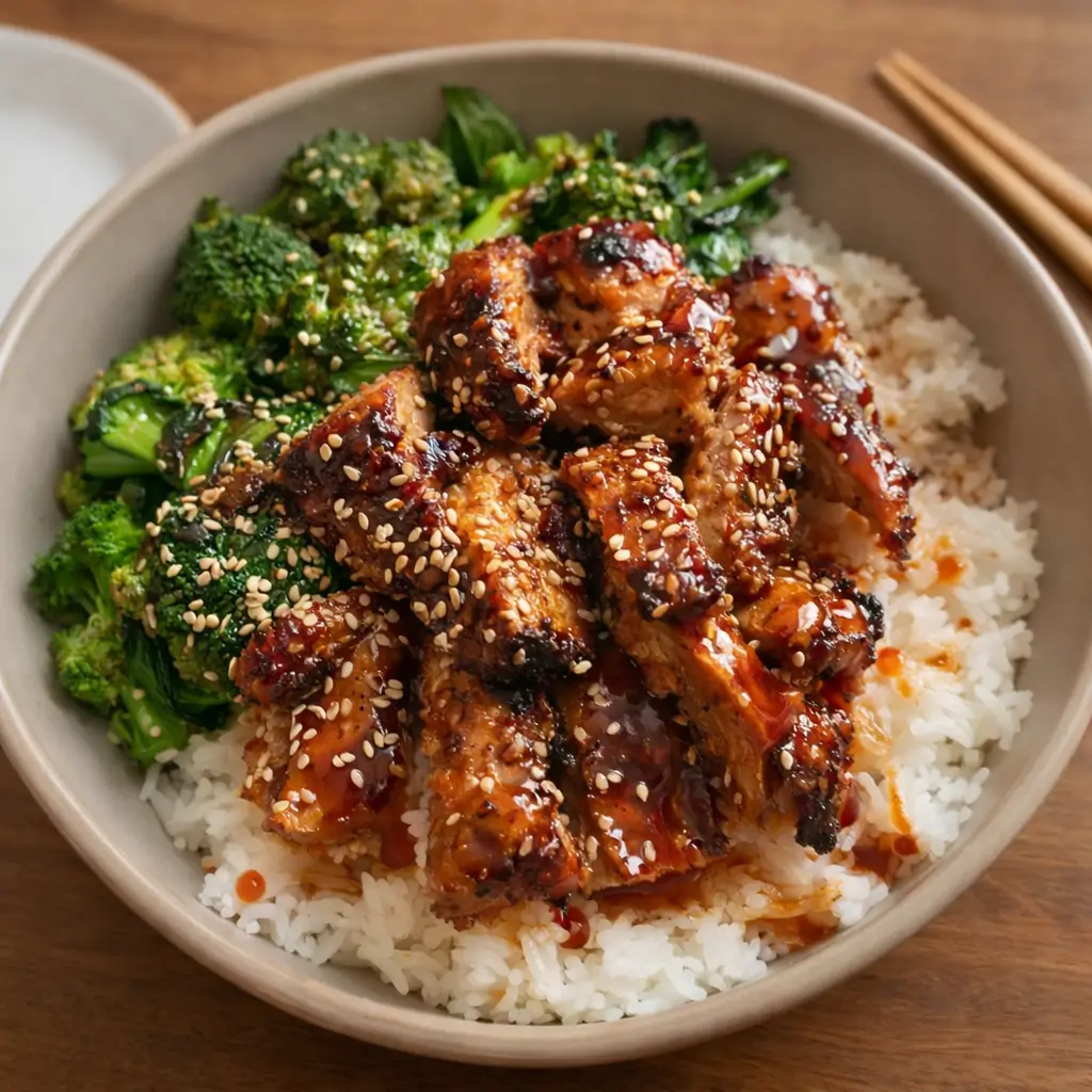 Sticky Chicken Bowls with honey soy glaze and spicy mayo drizzle