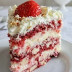 Strawberry Earthquake Cake dessert in pan with cream cheese swirl