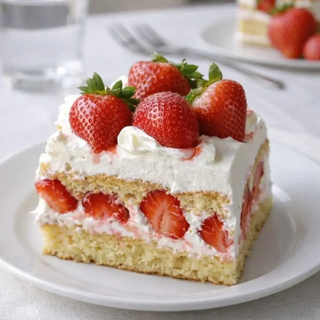 Strawberry Shortcake Sheet Cake topped with whipped cream and strawberries