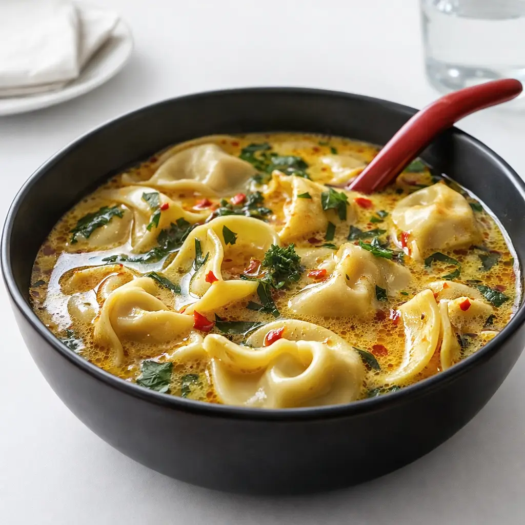 Thai Potsticker Coconut Soup in a creamy coconut broth