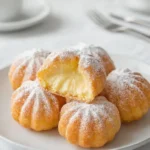 Bomboloni alla crema filled with vanilla cream on rustic table