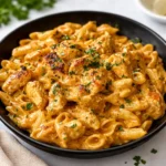 Creamy Cowboy Butter Chicken Pasta in a rustic bowl on a wooden table.
