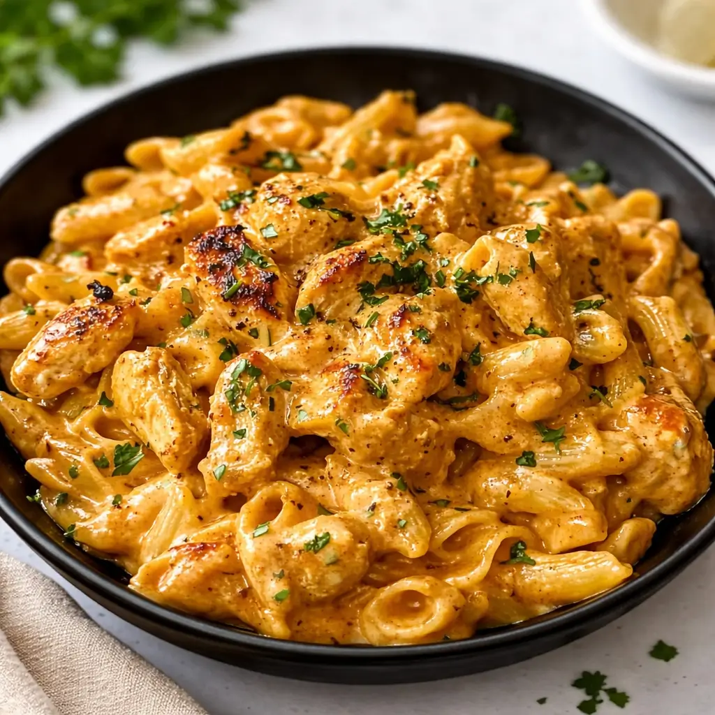 Creamy Cowboy Butter Chicken Pasta in a rustic bowl on a wooden table.