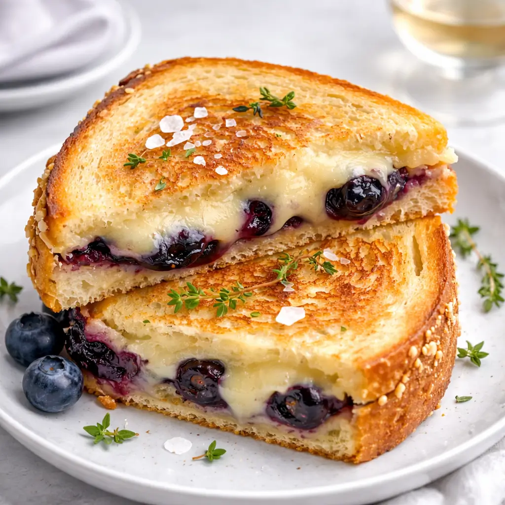 Crispy Blueberry Grilled Cheese sandwich with melted white cheddar and blueberry jam.
