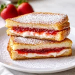 Golden-brown Fried Strawberry Cheesecake Sandwiches dusted with powdered sugar.