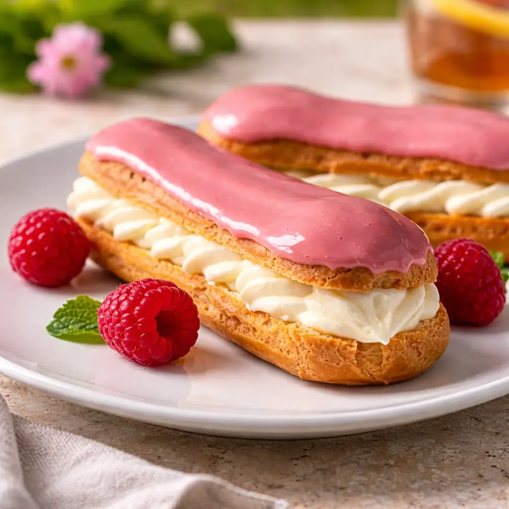 A platter of finished Lemon Raspberry Eclairs with pink glaze.