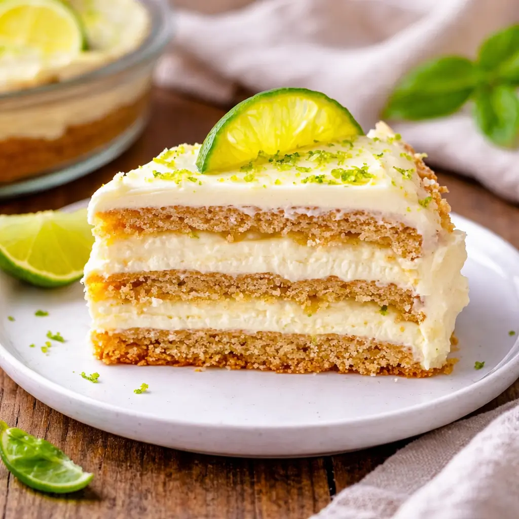 A delicious sliced Mexican Carlota de Limón with lime zest garnish.