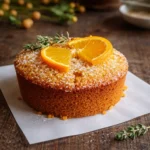 A glazed orange ginger honey cake on a rustic wooden table with orange zest.