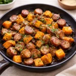 Sheet Pan Sausage and Sweet Potatoes with Honey Garlic Sauce on a baking tray.