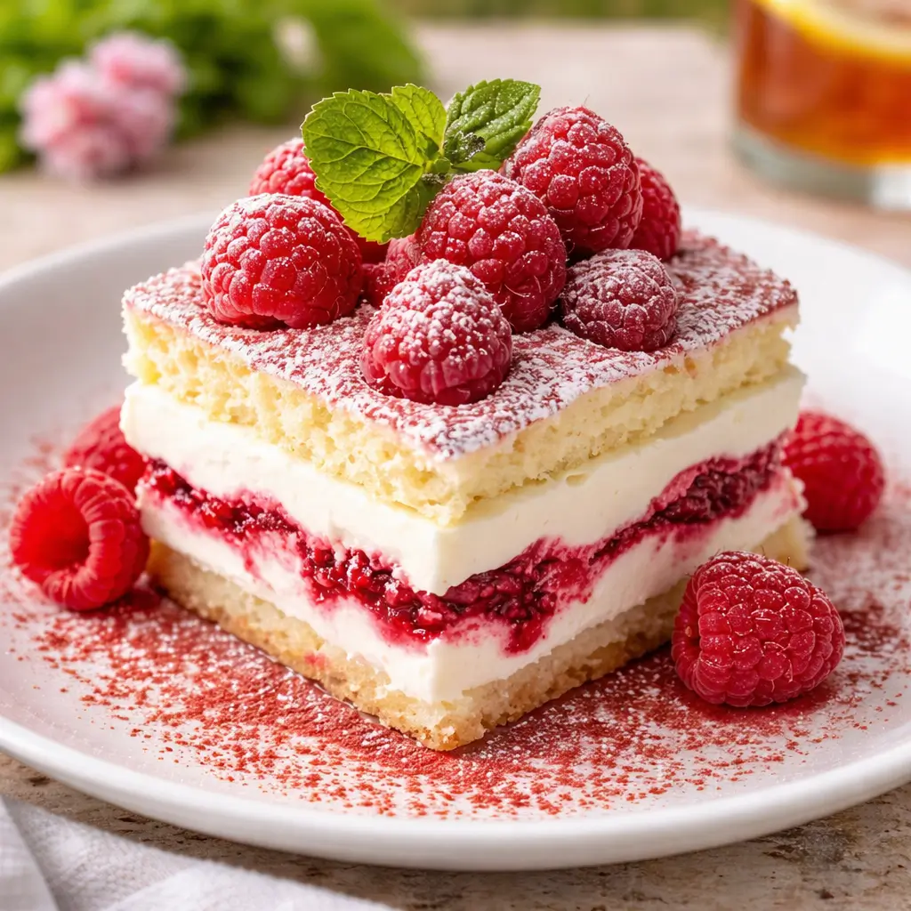 A close-up of a White Chocolate Raspberry Tiramisu slice showing pink and white layers.