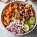 BBQ Chicken Bowls with Sweet Potatoes, Coleslaw, and Pickles Recipe