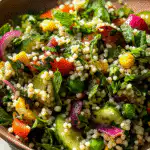 Spring Couscous Salad with Arugula, Peas, and Garlicky Za’atar Marinade