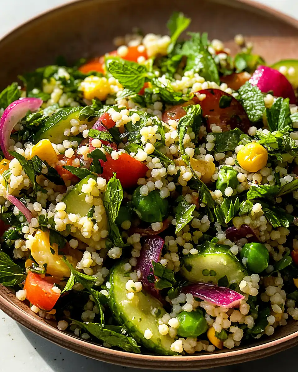 Spring Couscous Salad with Arugula, Peas, and Garlicky Za’atar Marinade