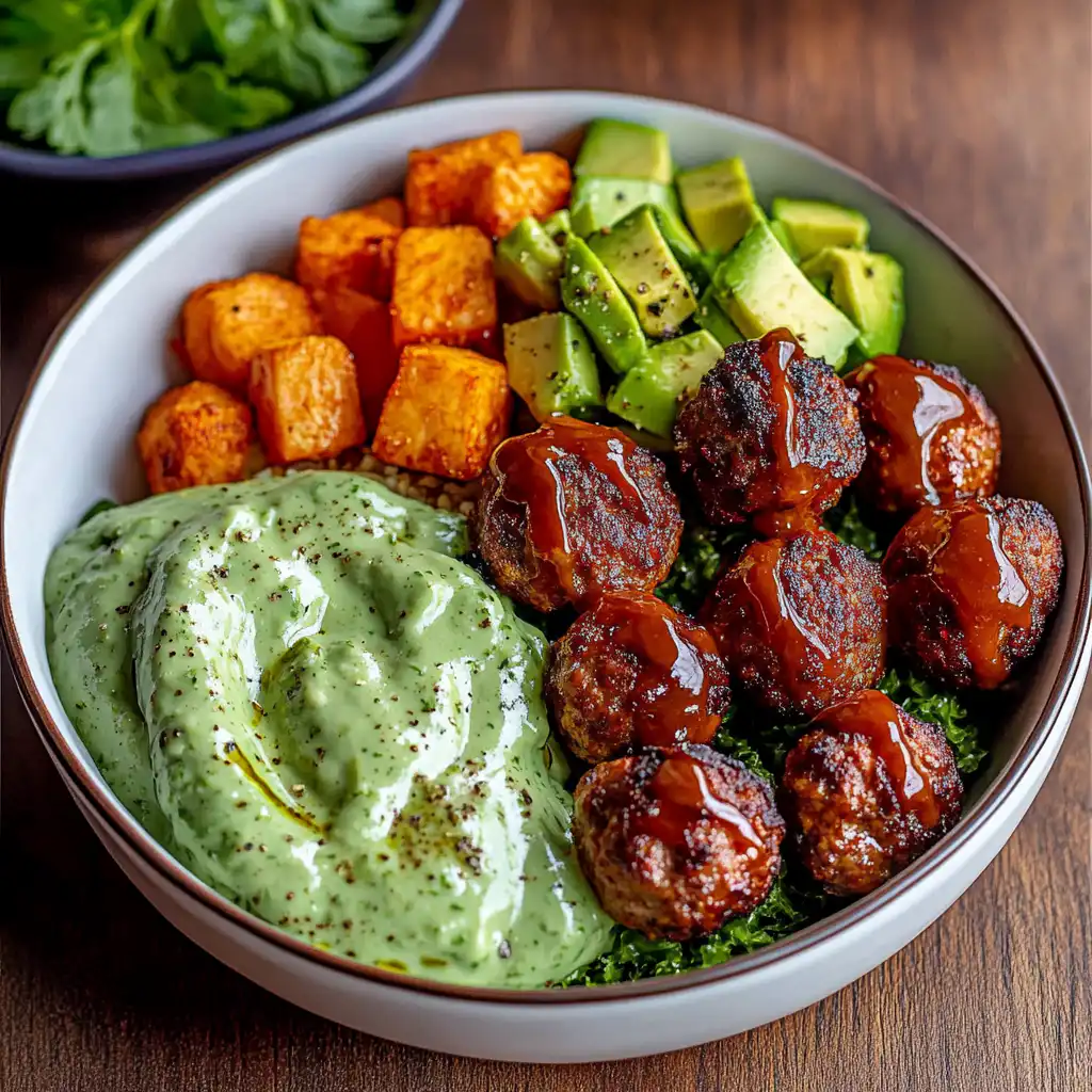 Barbecue Meatball Bowls with Avocado Goddess Sauce