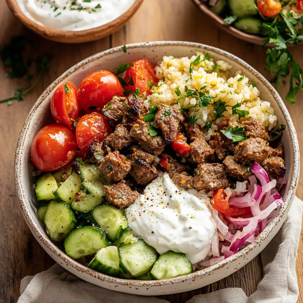 Gyro Bowls | Lamb Meatballs, Tzatziki, Lemon Rice &amp; Cucumber Salad