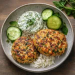Herby Turkey Burgers with Za’atar Cucumber Salad, Tzatziki & Buttery Rice