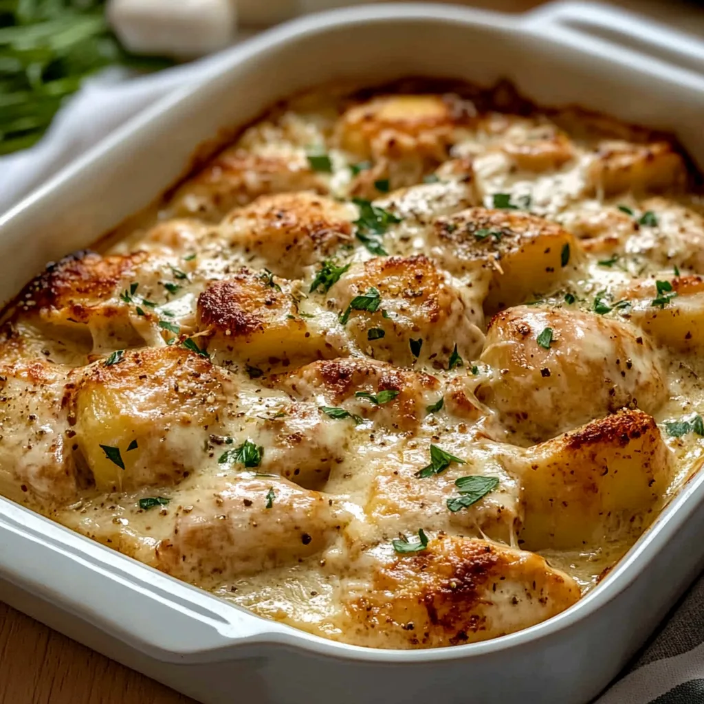 High Protein Creamy Garlic Cheesy Chicken and Potatoes