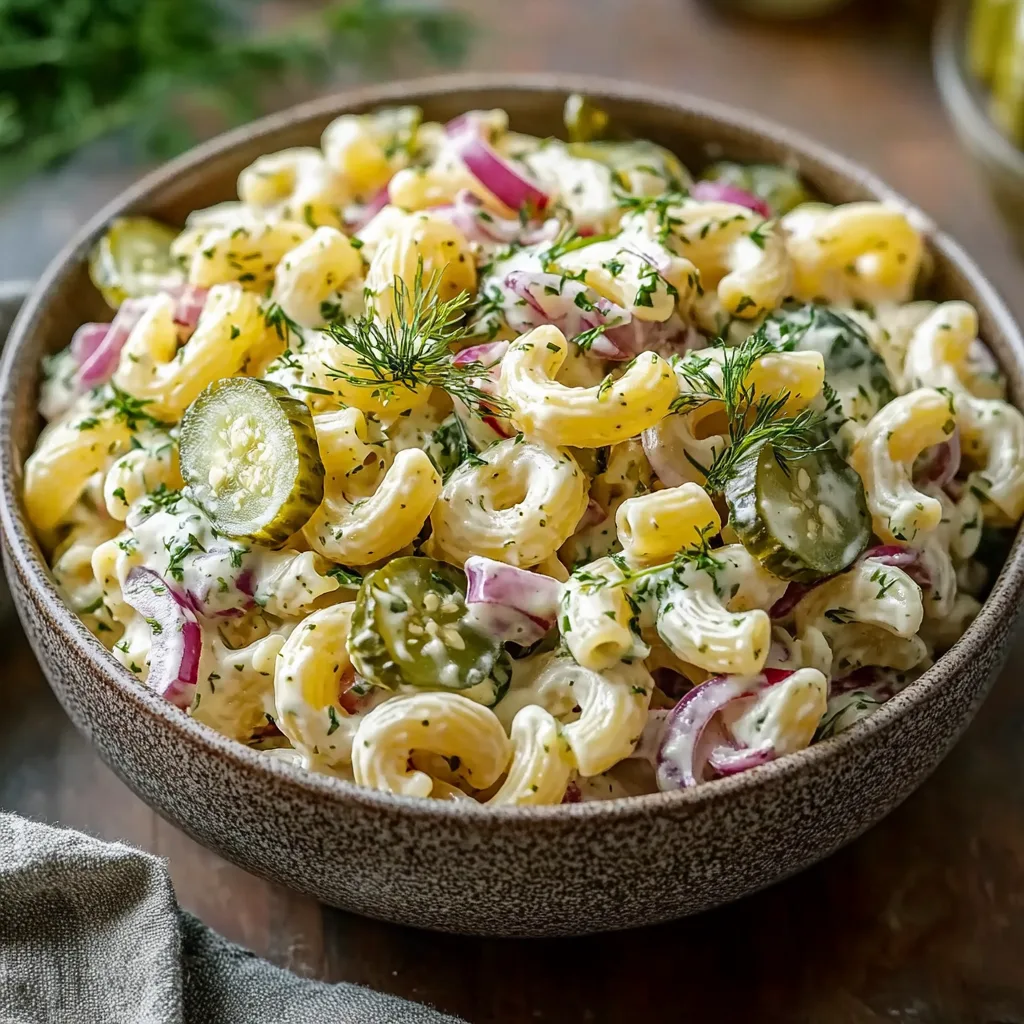 High Protein Dill Pickle Pasta Salad with Creamy Yogurt Dressing
