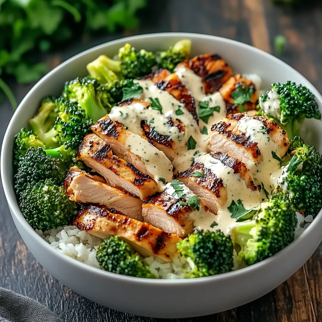 Grilled Chicken and Broccoli Bowls with Creamy Garlic Sauce