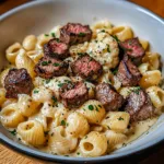 Steak Bites and Shell Pasta in Garlic Butter Alfredo Sauce