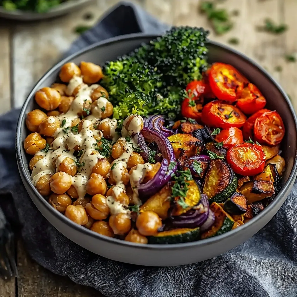 Roasted Veggie and Chickpea Bowls with Maple Dijon Tahini Dressing