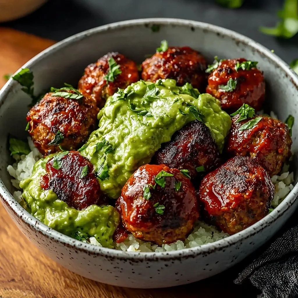 Barbecue Meatball Bowls with Creamy Avocado Sauce