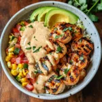 Grilled Shrimp Bowl with Avocado, Corn Salsa & Creamy Sauce