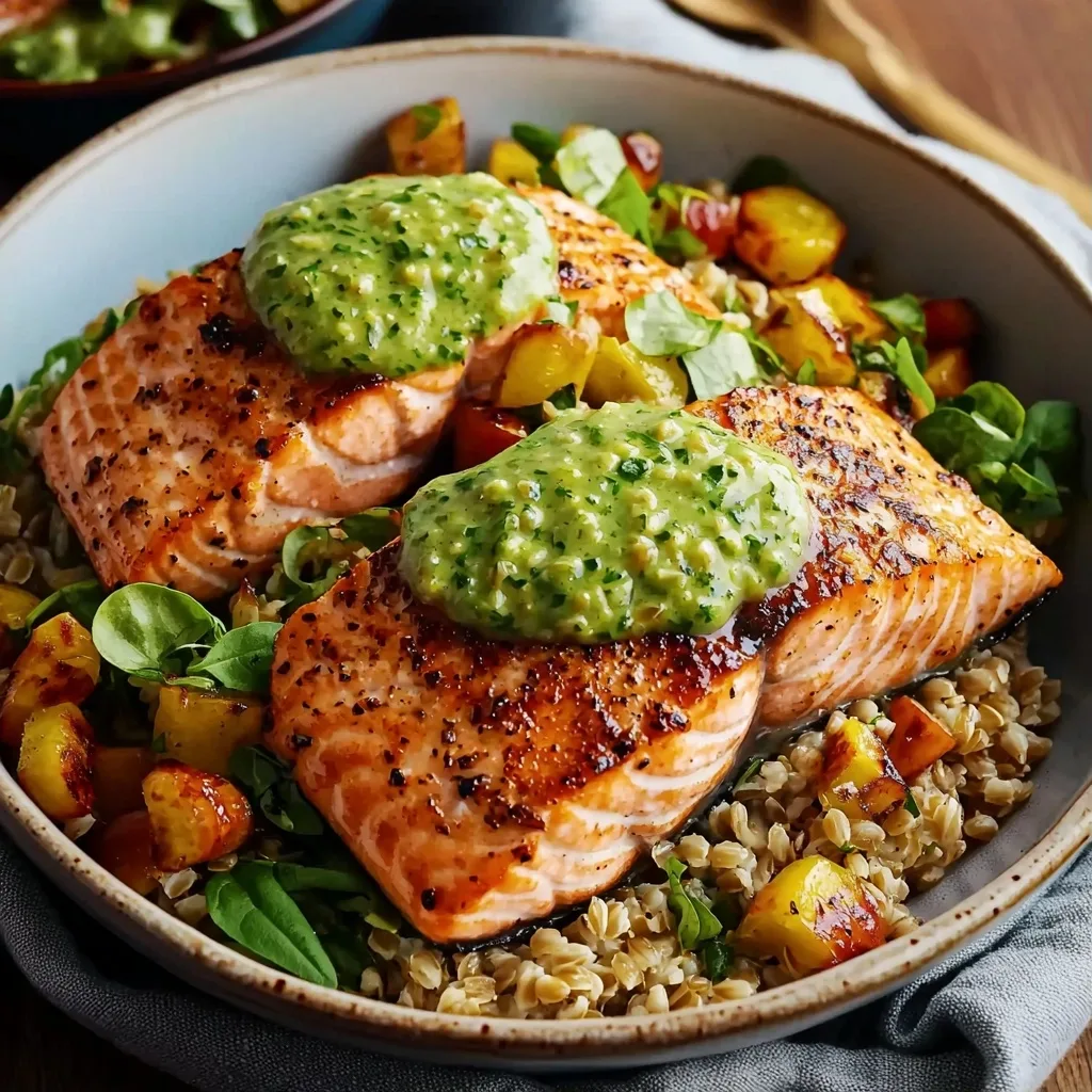Pan-Seared Salmon Bowls with Green Goddess Sauce and Farro