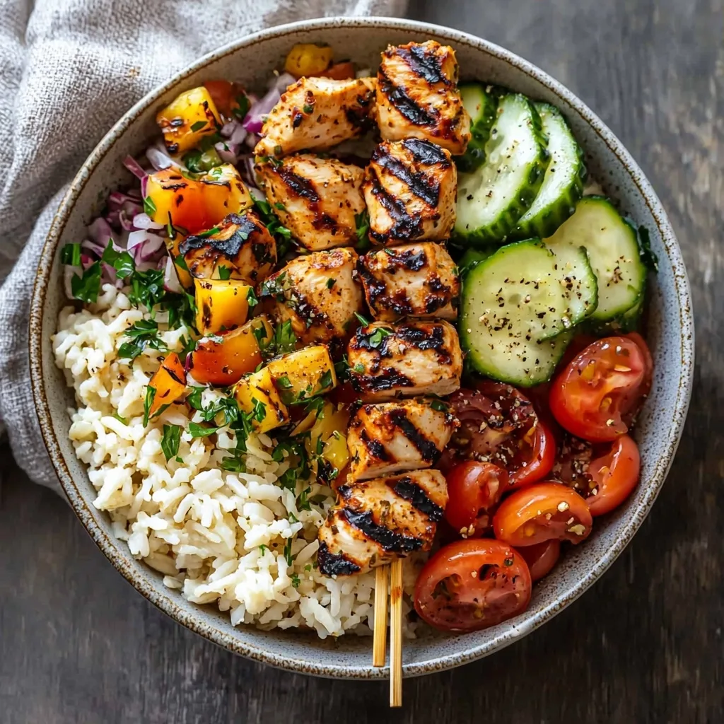 Mediterranean Rice Bowl with Grilled Chicken Tawook Skewers