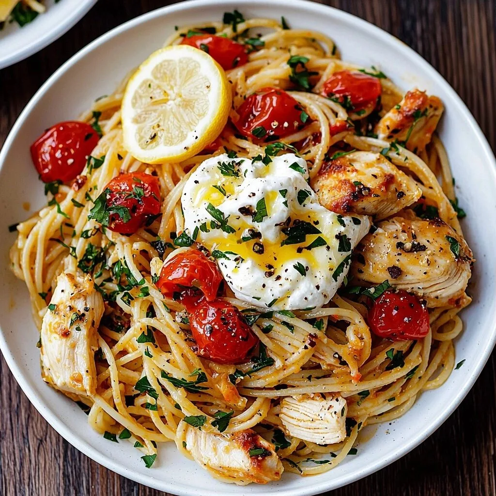 Chicken Spaghetti with Burrata and Lemon Butter Garlic Sauce