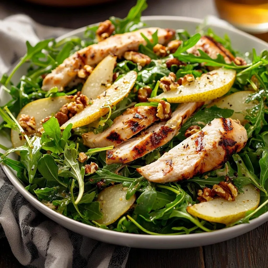 Grilled Chicken Arugula Salad with Pears and Walnuts