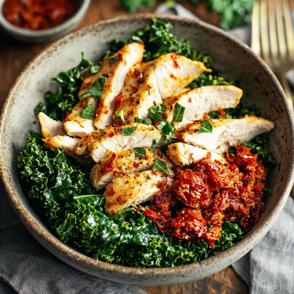 Marinated Kale and Chicken Bowls with Sun Dried Tomato Sauce