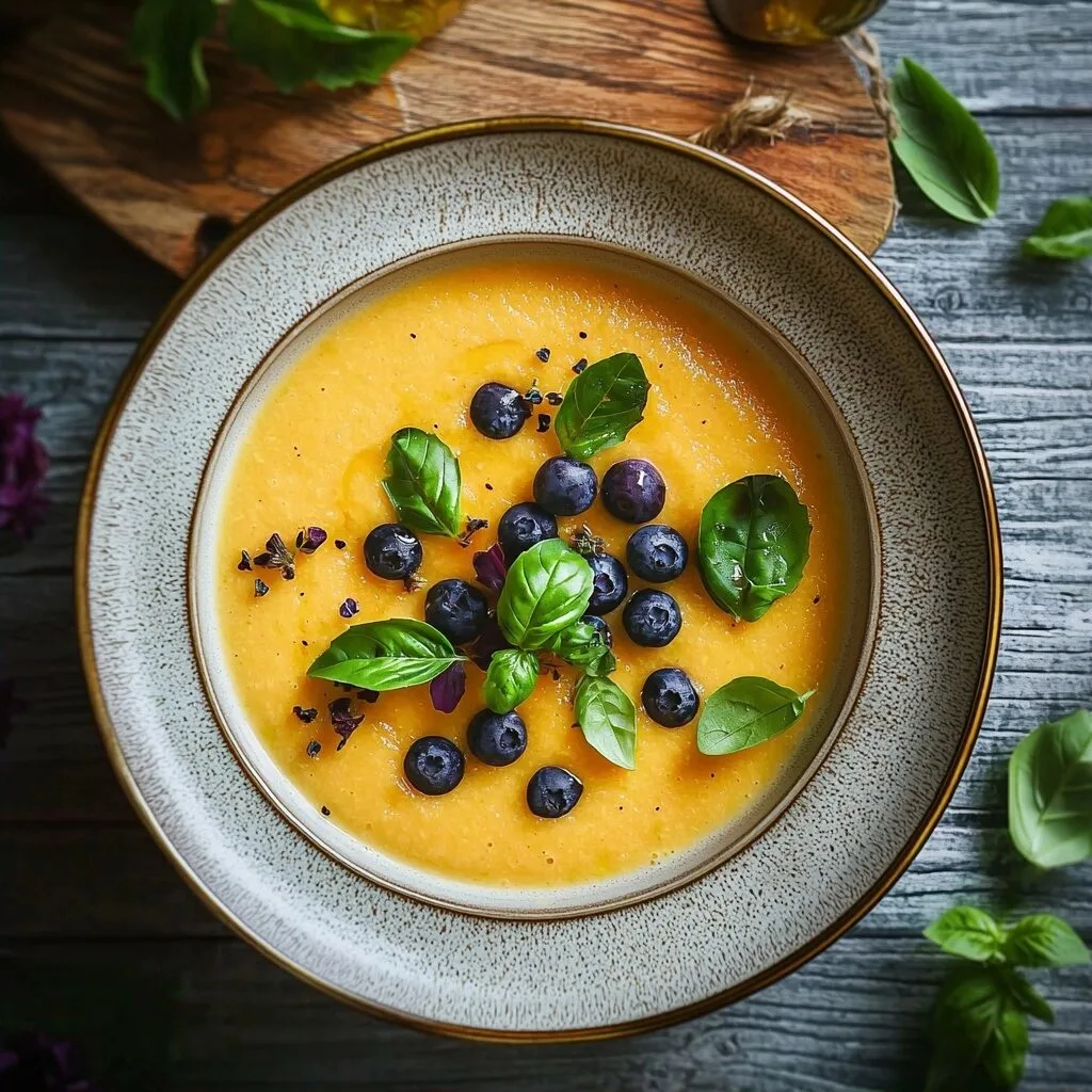 Cantaloupe Gazpacho with Blueberry and Basil