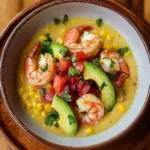 Chilled Corn Soup with Shrimp, Avocado and Tomato Relish