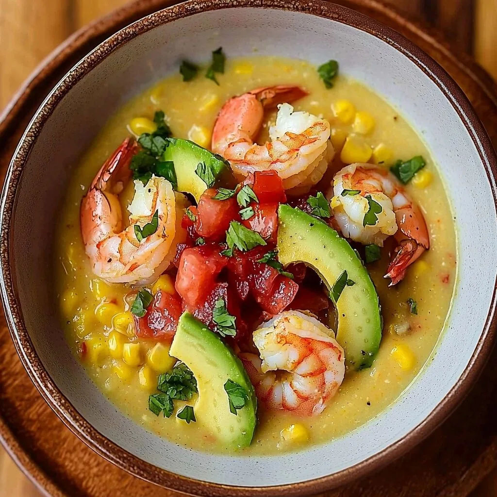 Chilled Corn Soup with Shrimp, Avocado and Tomato Relish