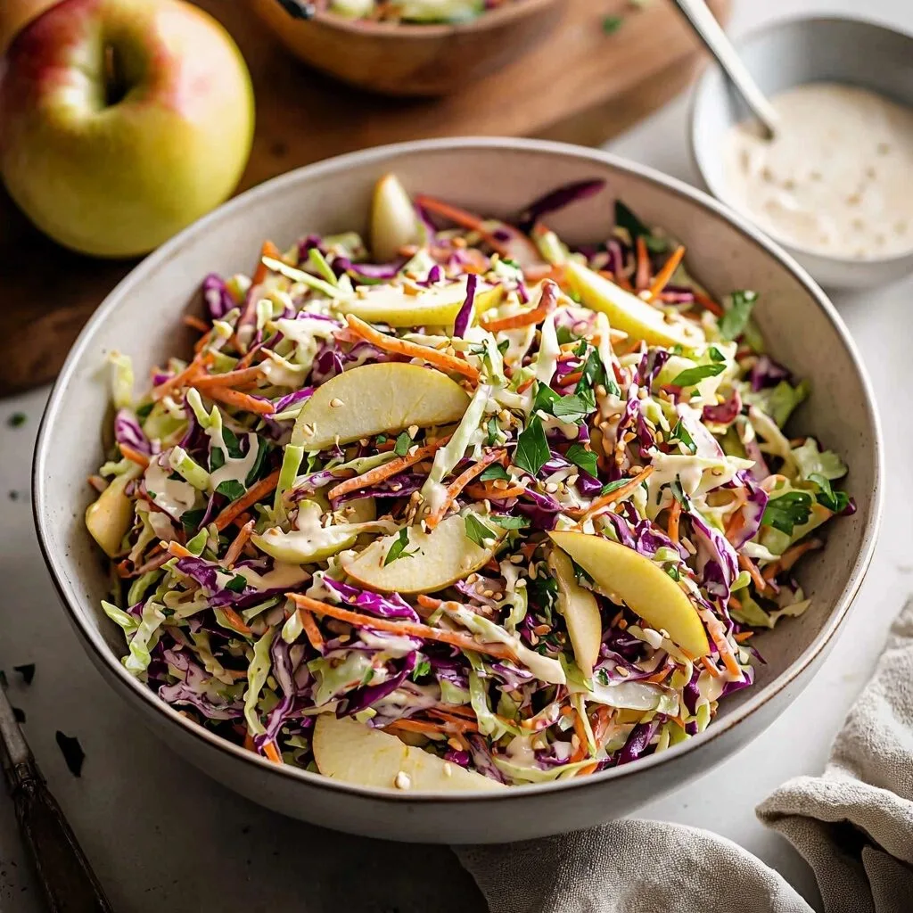 Vegan Coleslaw with Apples and Tahini Dressing