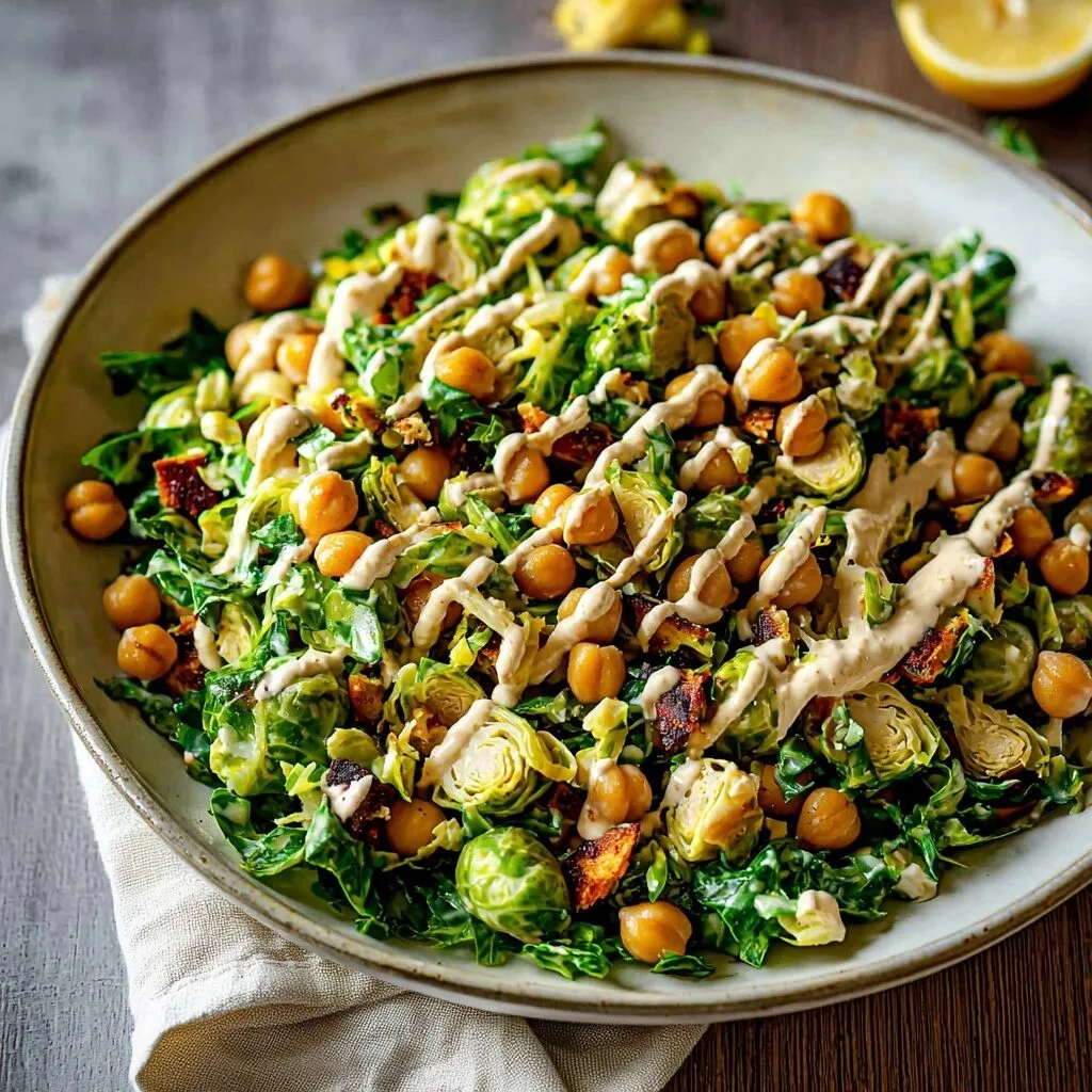 Shaved Brussels Sprouts Salad with Chickpeas and Lemon Tahini