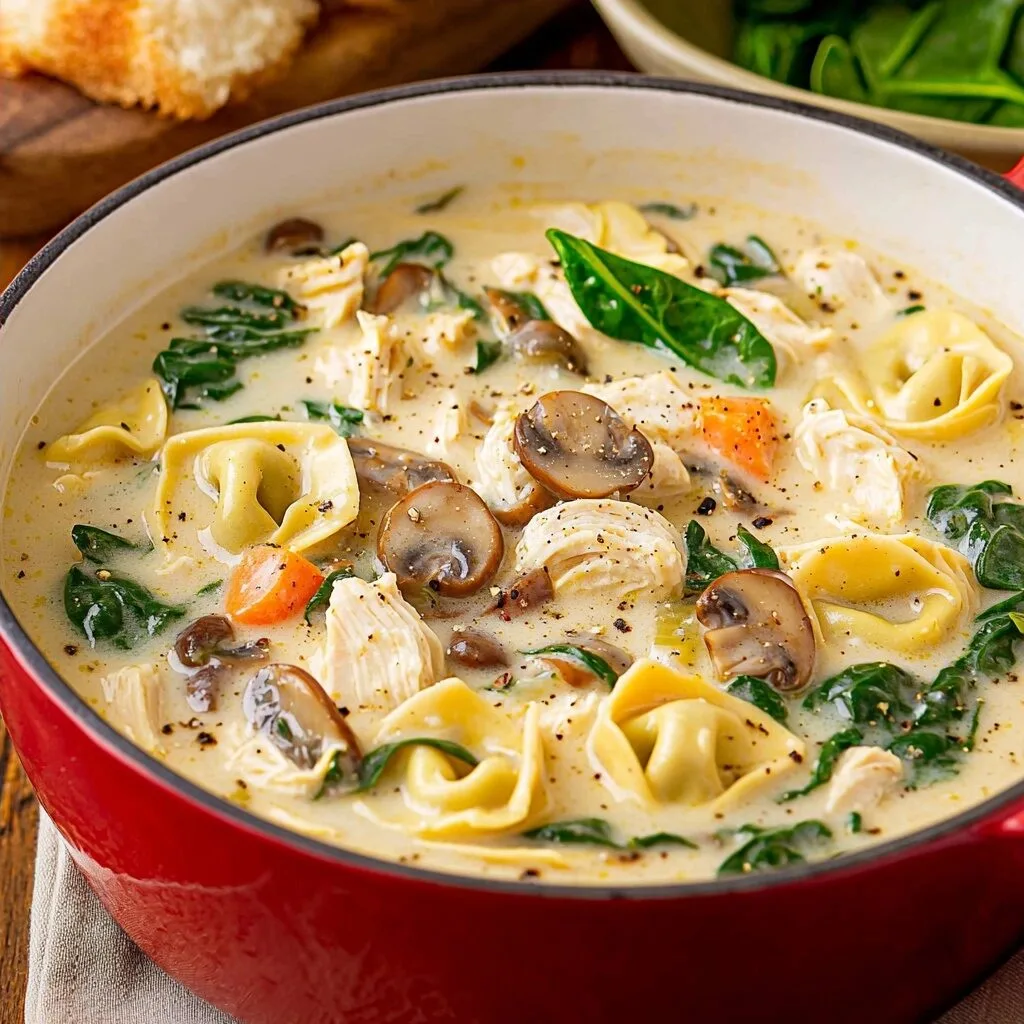 Creamy Chicken, Spinach and Mushroom Tortellini Soup