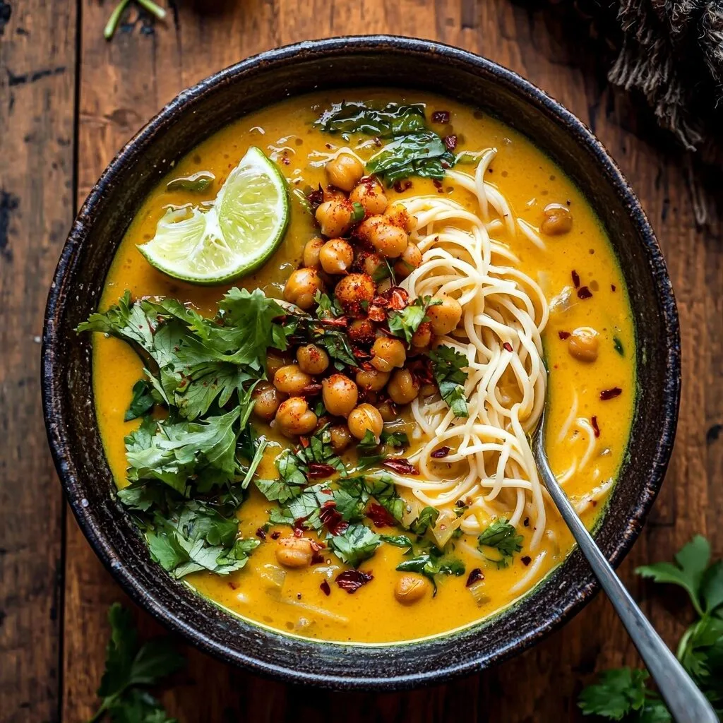30 Minute Coconut Curry Noodle Soup with Chili Crisp Chickpeas