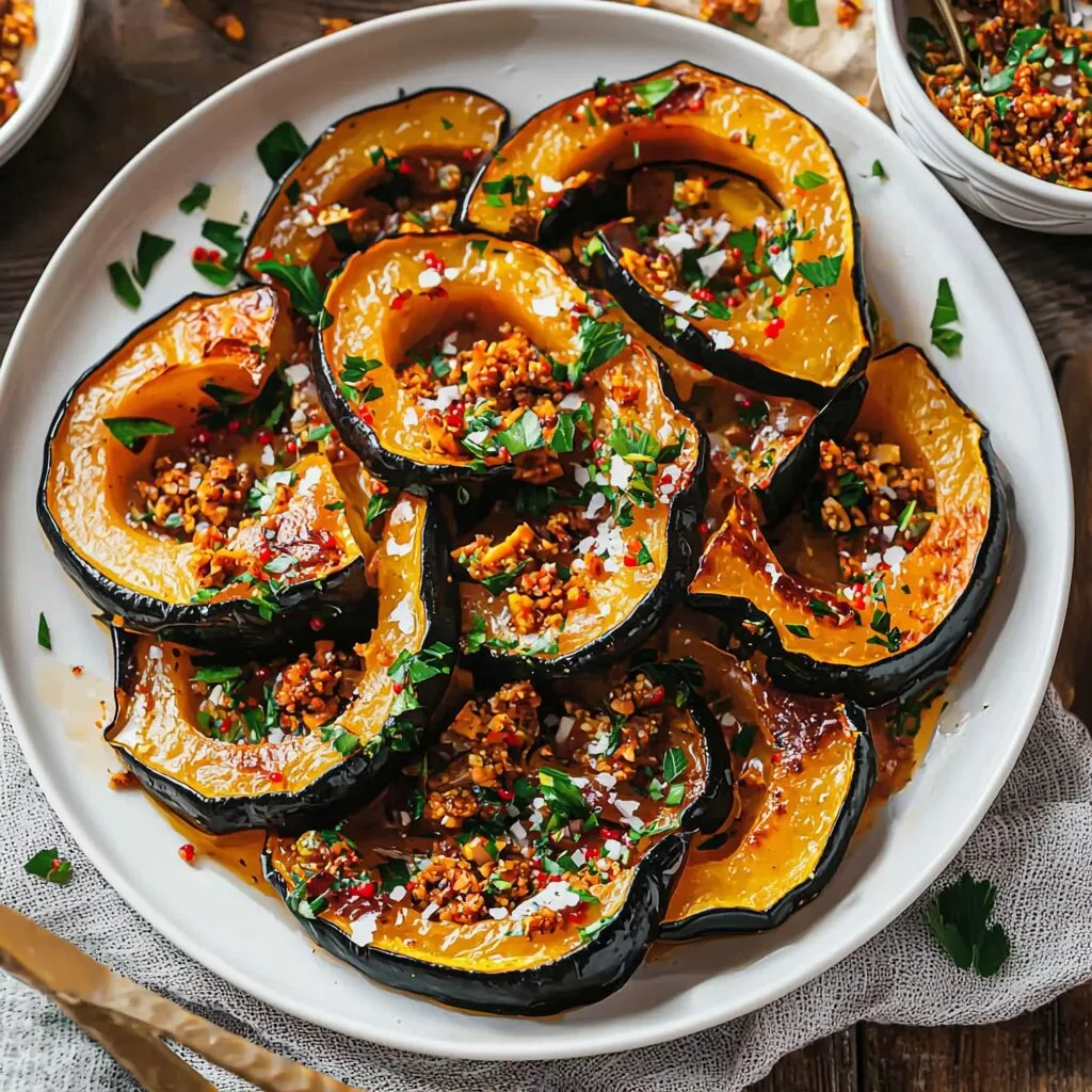 Roasted Acorn Squash Slices With Spicy Sweet Crunchies